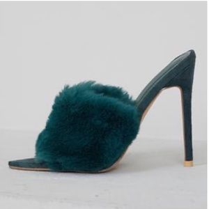 Green faux fur mule heels size 9